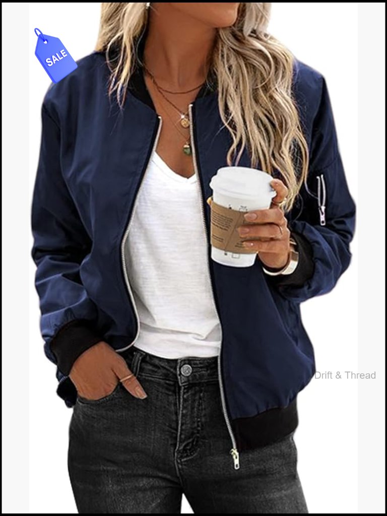 Lightweight Bomber Jacket Zip Up Long Sleeve Casual Coat With Pockets